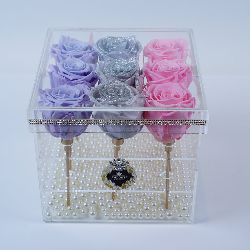 9 Rose Stem - Pink, Silver Sparkle and Purple Roses Jadorit