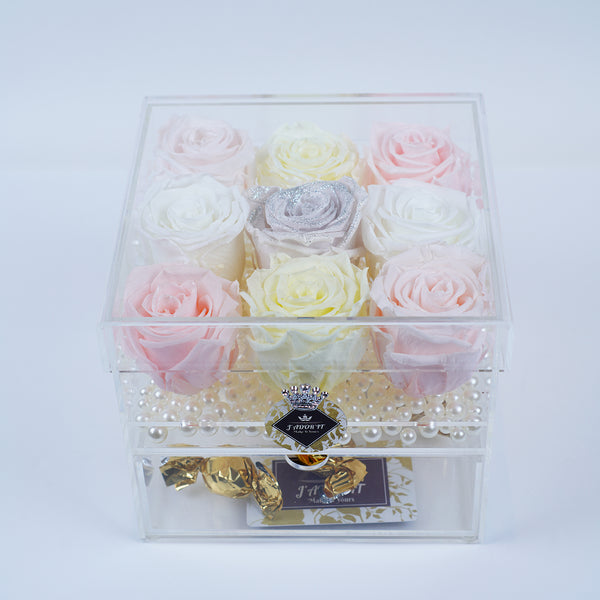 9 Rose Square with Drawer - Light Pink, Crème, Soft Yellow and White Dove with a touch of Sparkle Rose Palette Jadorit