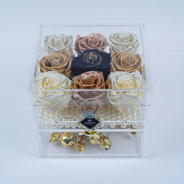 9 Rose Square with Drawer - Crème Black and Gold, Black kissed with Gold Leaf, Rose Gold, and Antique Rose color palette Jadorit