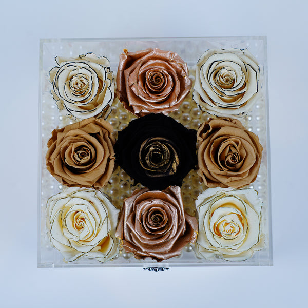 9 Rose Square with Drawer - Crème Black and Gold, Black kissed with Gold Leaf, Rose Gold, and Antique Rose color palette Jadorit