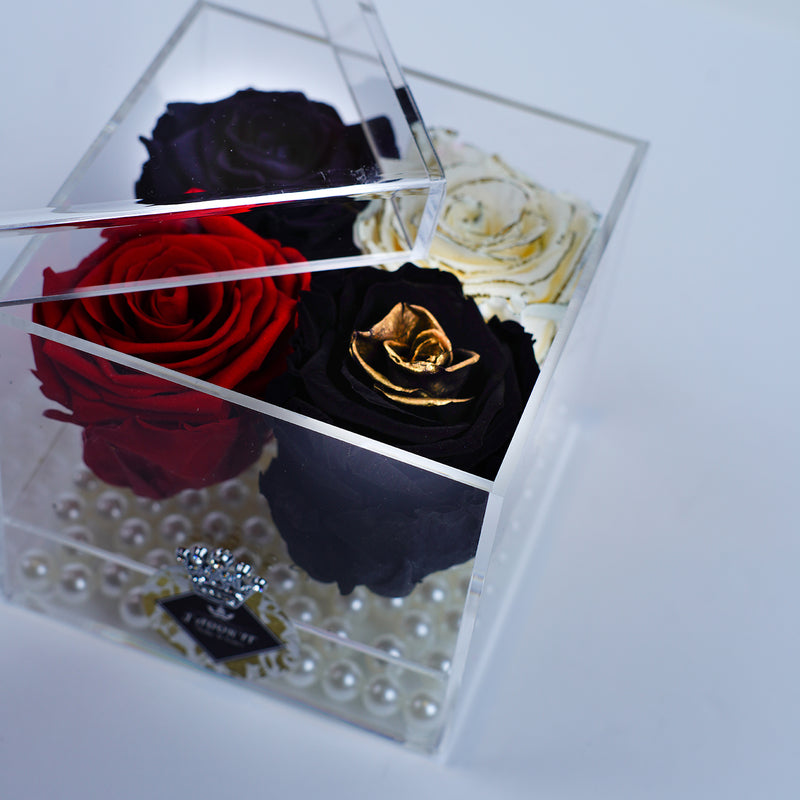 4 Rose Square - Red Heart, Black Beauty, Crème with Gold Jadorit