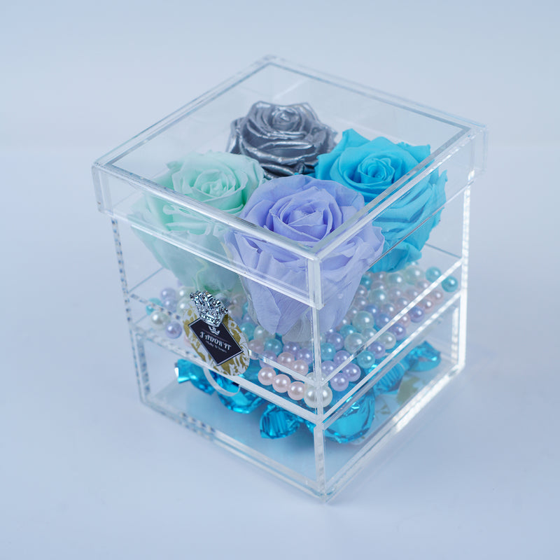 4 Rose Square with Drawer - Silver Metallic, Mint, Lavender and Tiffany Blue Rose. Jadorit