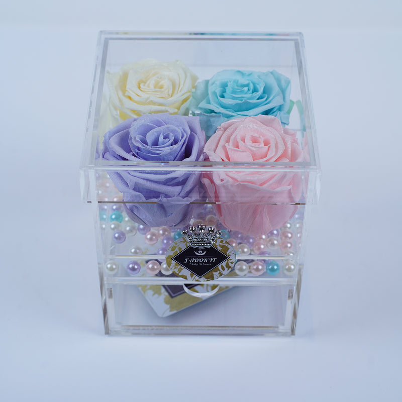 4 Rose Square with Drawer - Crème, Light Pink, Lavender and Tiffany Blue Rose Jadorit