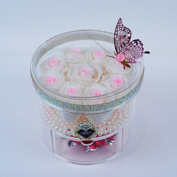 8 Rose Round with Drawer - White Roses kissed with Pink Jadorit