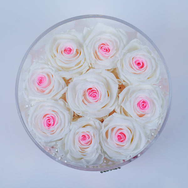 8 Rose Round with Drawer - White Roses kissed with Pink Jadorit