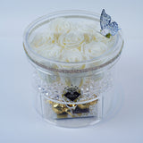 8 Rose Round with Drawer - Deluxe Winter White Roses Jadorit