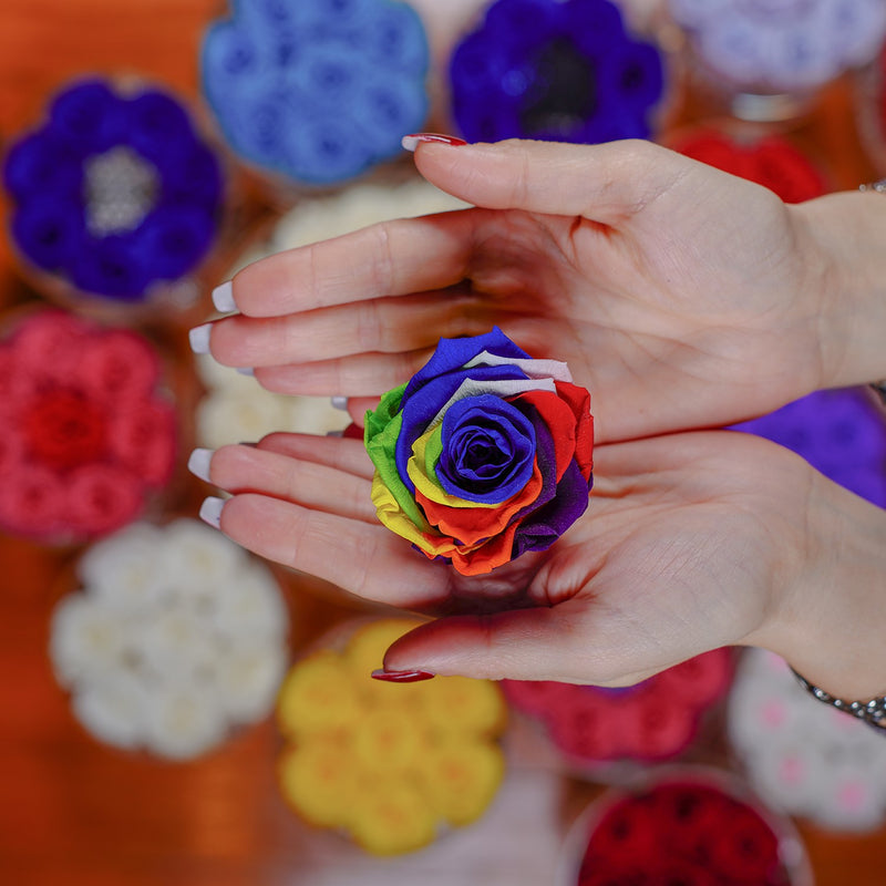 8 Rose Round with Drawer - Royal Blue Roses with Rainbow Rose Center Jadorit