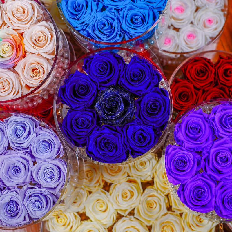 8 Rose Round with Drawer - Royal Blue Roses with Rainbow Rose Center Jadorit