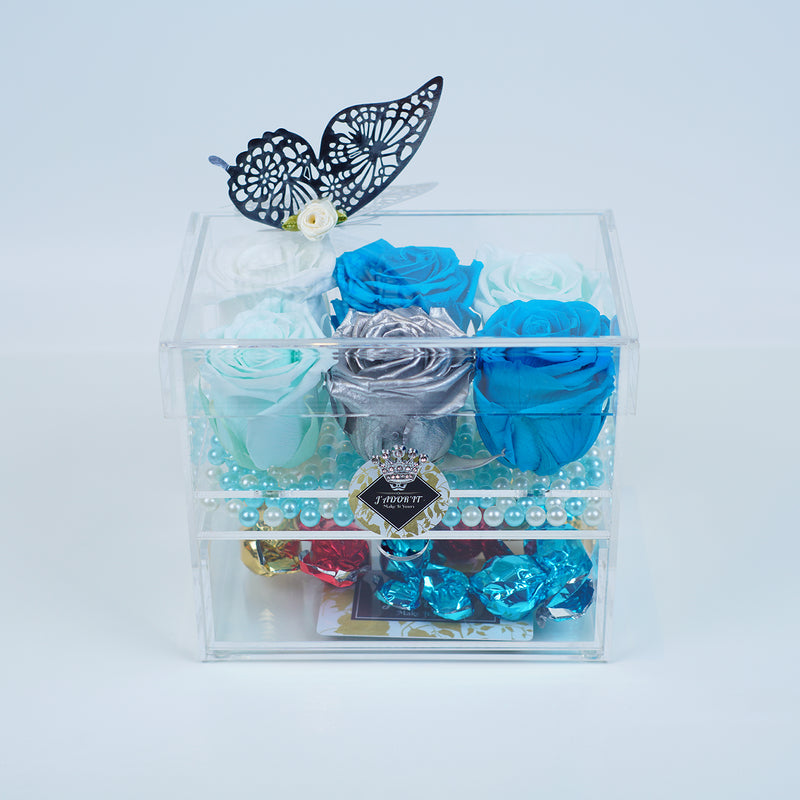 6 Rose Square with Drawer - Tiffany, Silver Metallic, Ocean Blue, Shimmery White Roses Jadorit