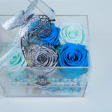 6 Rose Square with Drawer - Tiffany, Silver Metallic, Ocean Blue, Shimmery White Roses Jadorit