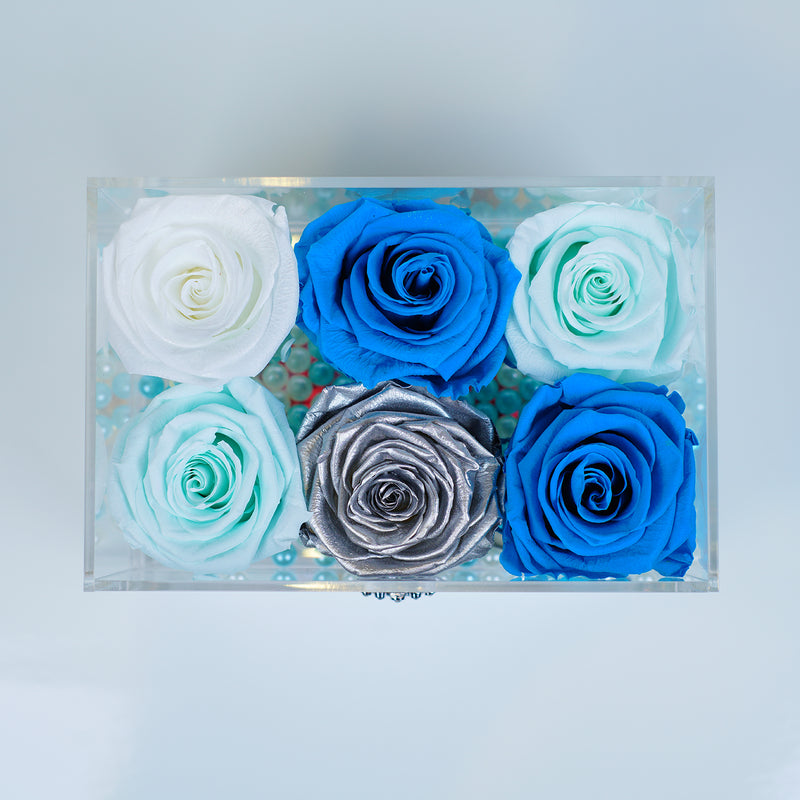 6 Rose Square with Drawer - Tiffany, Silver Metallic, Ocean Blue, Shimmery White Roses Jadorit