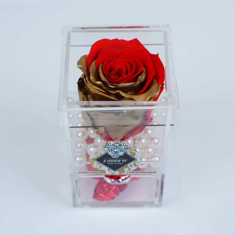 Single Rose Square with Drawer - Red with Gold Leaf Rose Jadorit