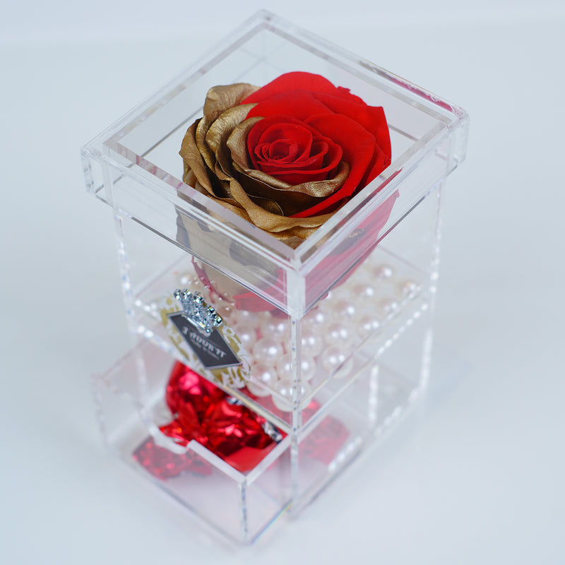 Single Rose Square with Drawer - Red with Gold Leaf Rose Jadorit