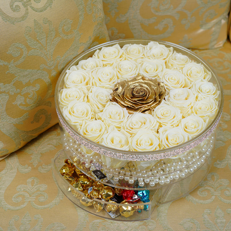 28 - 32 Deluxe Rose Round with Drawer - Ivory Gold Jadorit