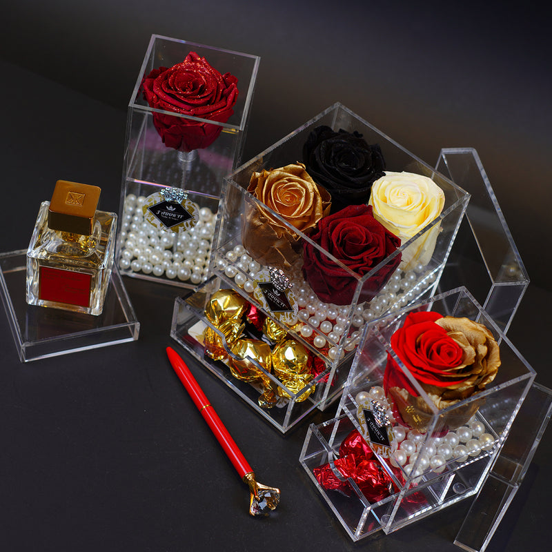 Single Rose Square with Drawer - Red with Gold Leaf Rose Jadorit