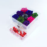 9 Rose Square with Drawer - Forest Green, Fuchsia, Midnight Purple, Midnight Sparkle, & Royal Blue Rose Set Jadorit