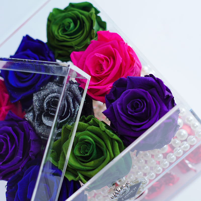 9 Rose Square with Drawer - Forest Green, Fuchsia, Midnight Purple, Midnight Sparkle, & Royal Blue Rose Set Jadorit