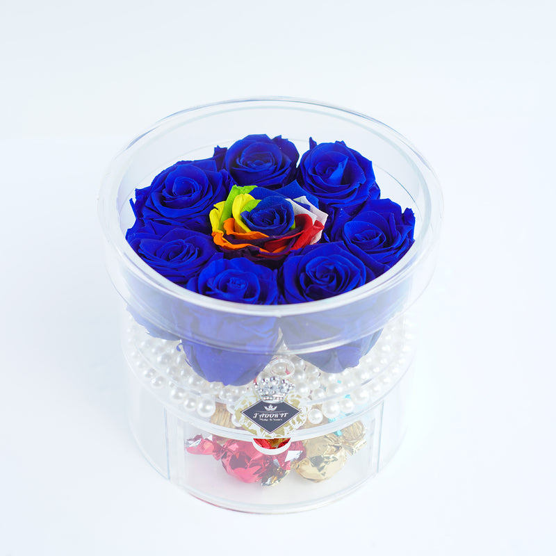 8 Rose Round with Drawer - Royal Blue Roses with Rainbow Rose Center Jadorit