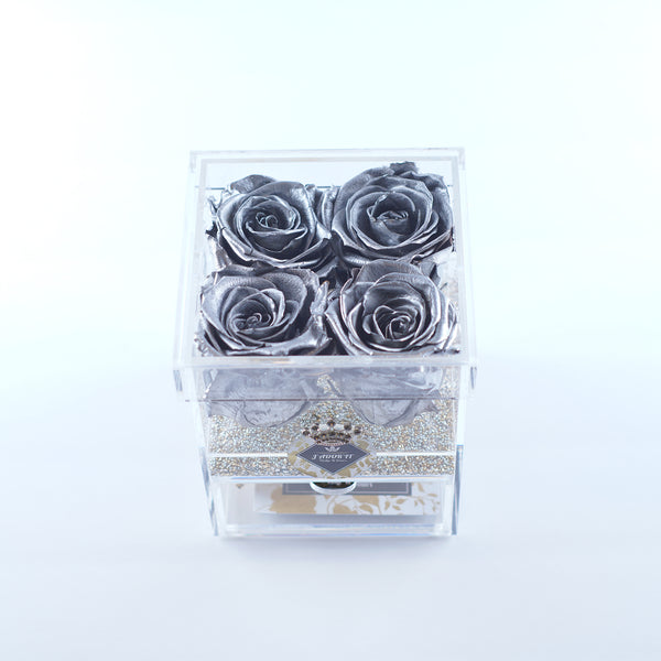 4 Rose Square with Drawer - Metallic Silver Roses Jadorit