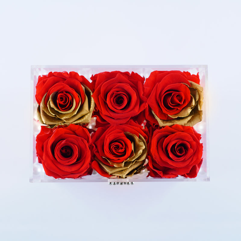 6 Rose Square with Drawer - Royal Red Roses with Gold Leaf Jadorit