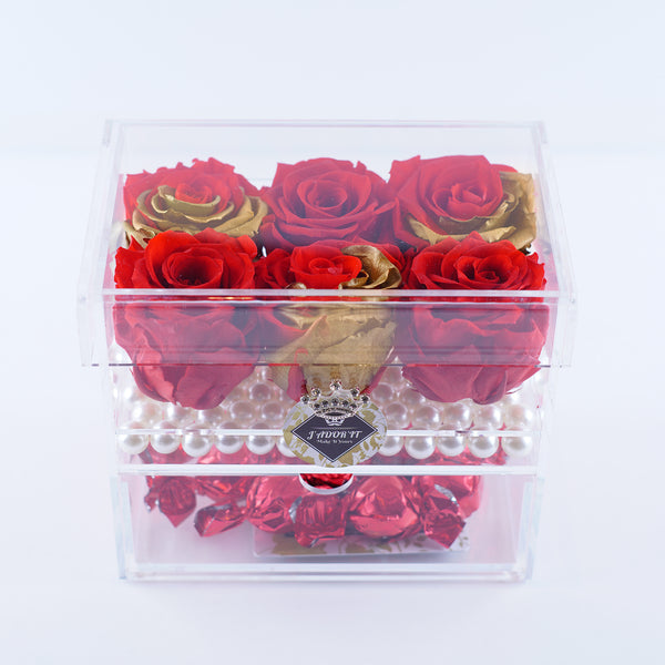 6 Rose Square with Drawer - Royal Red Roses with Gold Leaf Jadorit