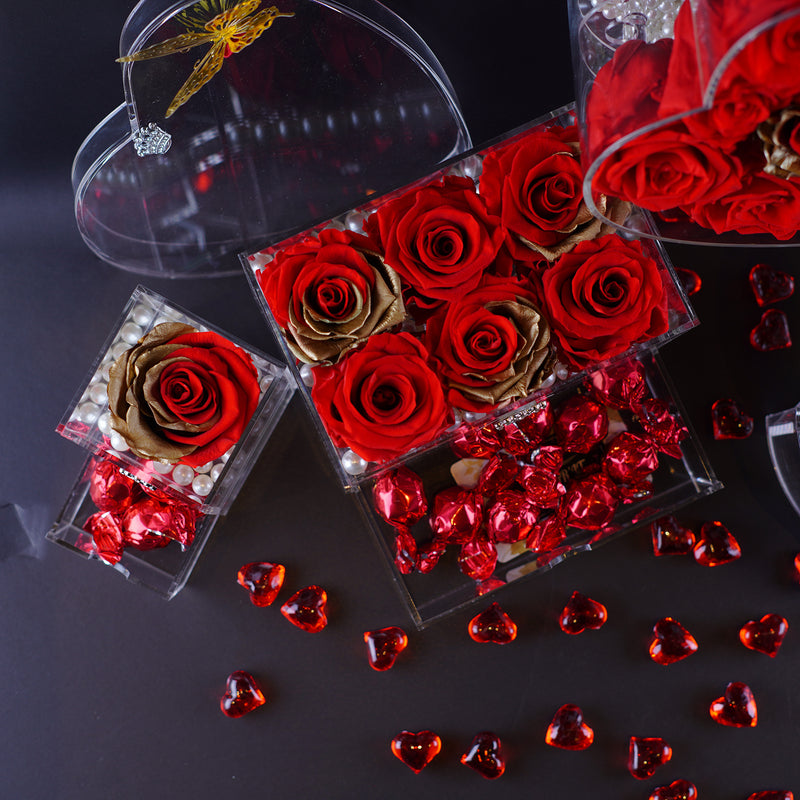 6 Rose Square with Drawer - Royal Red Roses with Gold Leaf Jadorit