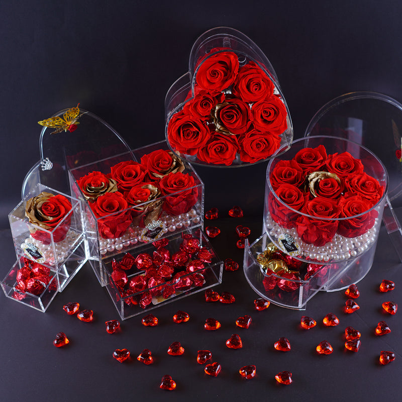 6 Rose Square with Drawer - Royal Red Roses with Gold Leaf Jadorit